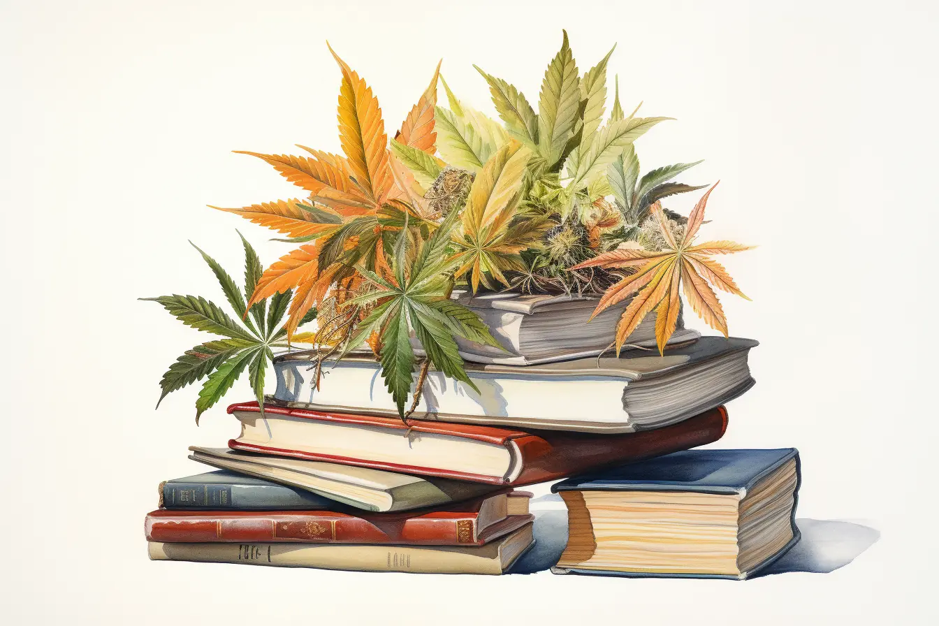 Auf einem Haufen Bücher liegen ein paar Blätter von der Cannabispflanze.